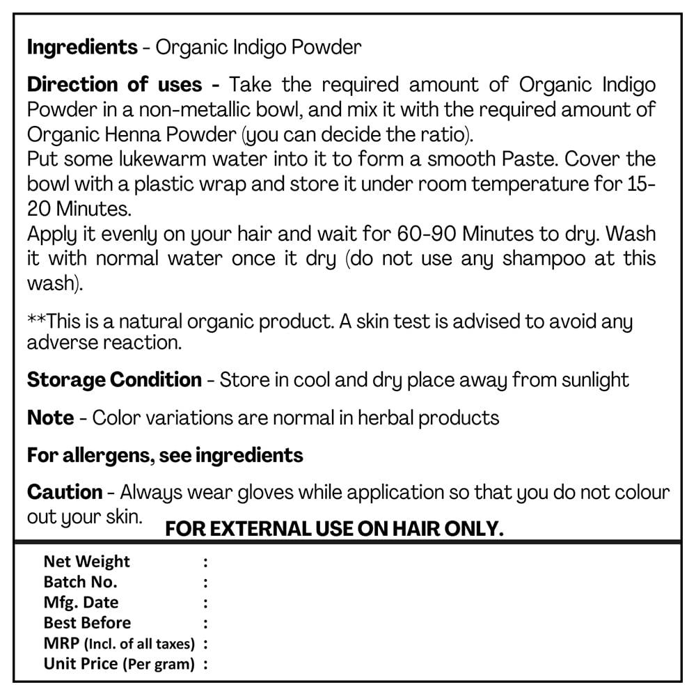Just Jaivik 100% Organic Indigo Powder - 227 gms / 1/2 LB Pound / 08 Oz -  Indigofera Tinctoria- A 100% Organic Hair Dye - Color your hair dark brown  to black with Henna