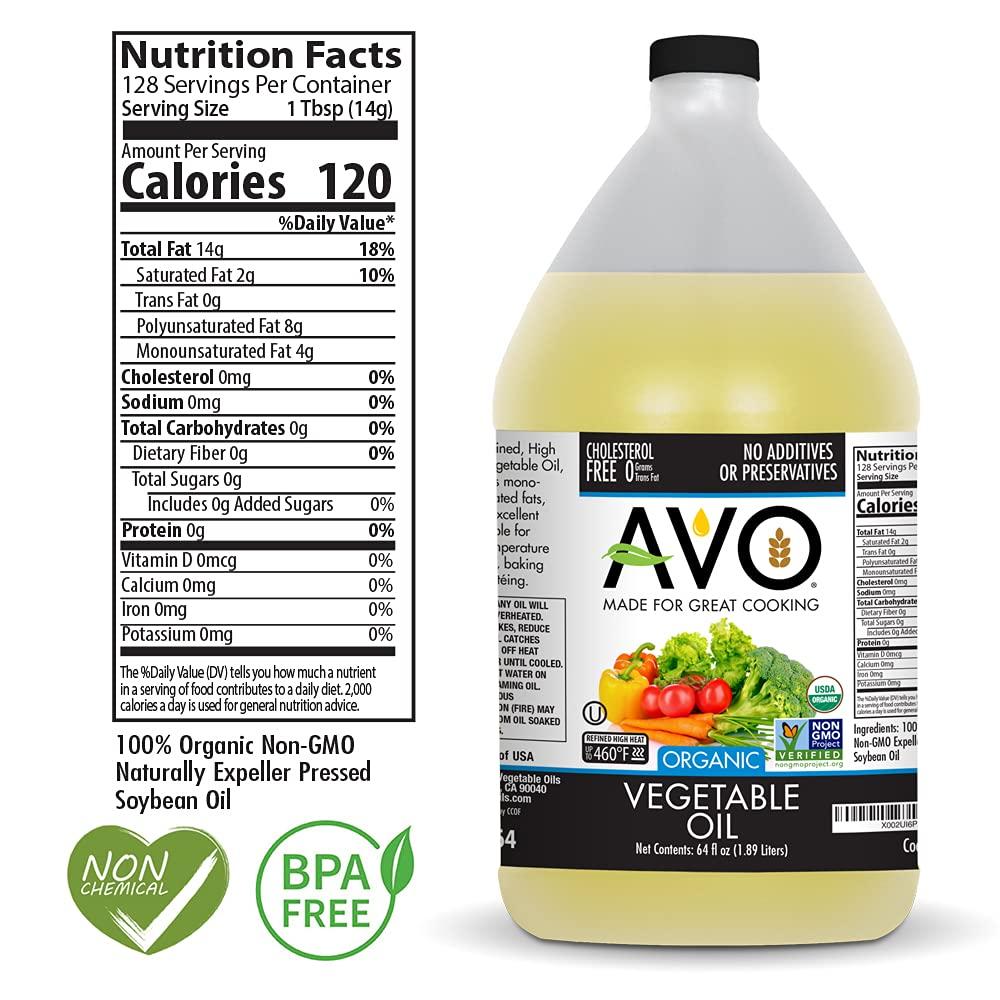 AVO ORGANIC 100 VEGETABLE Oil, 64 Floz (Half a Gallon) NO preservatives added