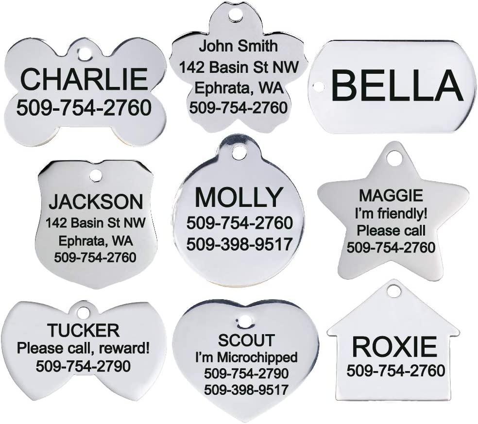 GoTags Stainless Steel Pet ID Tags Personalized Dog Tags & Cat Tags. Up to 8 Lines of Text - Engraved Front & Back. Bone Round