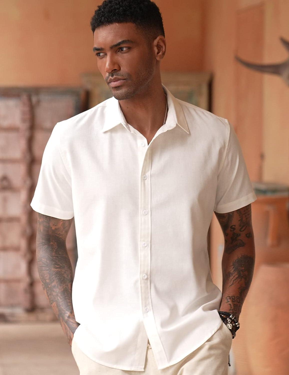 COOFANDY Men's Linen Casual Short Sleeve Shirts Button Down Summer Beach  Shirt White Medium
