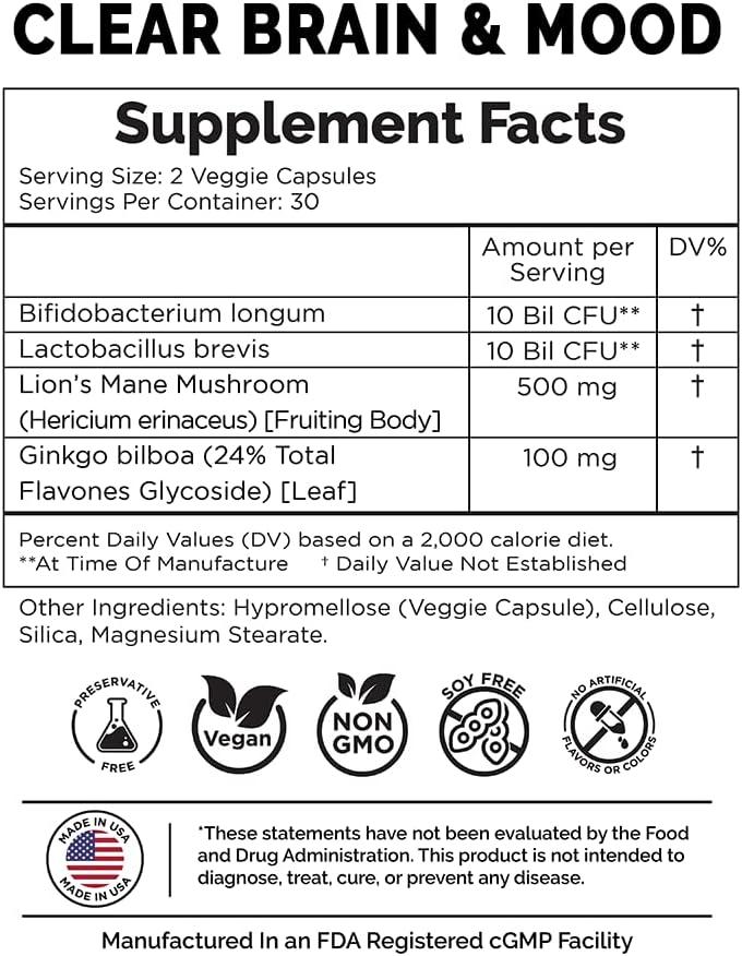 Clear Probiotics Brain and Mood Supplement - Supports Brain Fog Relief ...