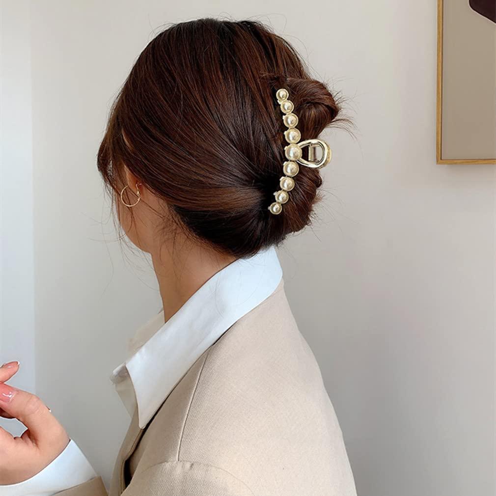 Vintage Metal Rhinestone Hair Claw Clips Large Size Imitation Pearl