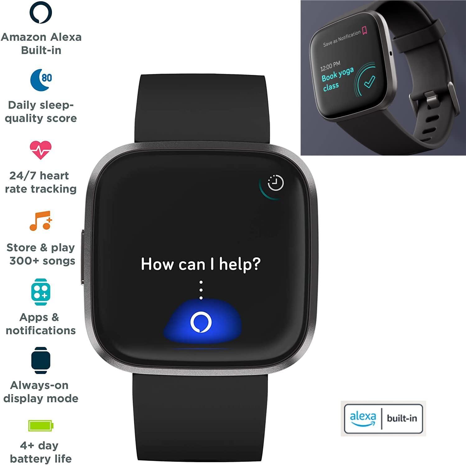 Fitbit Versa 2 Health and Fitness Smart Watch (Black/Carbon) with Heart  Rate Monitor, S & L Bands, Bundle with 3.3foot Charge Cable, Wall Adapter