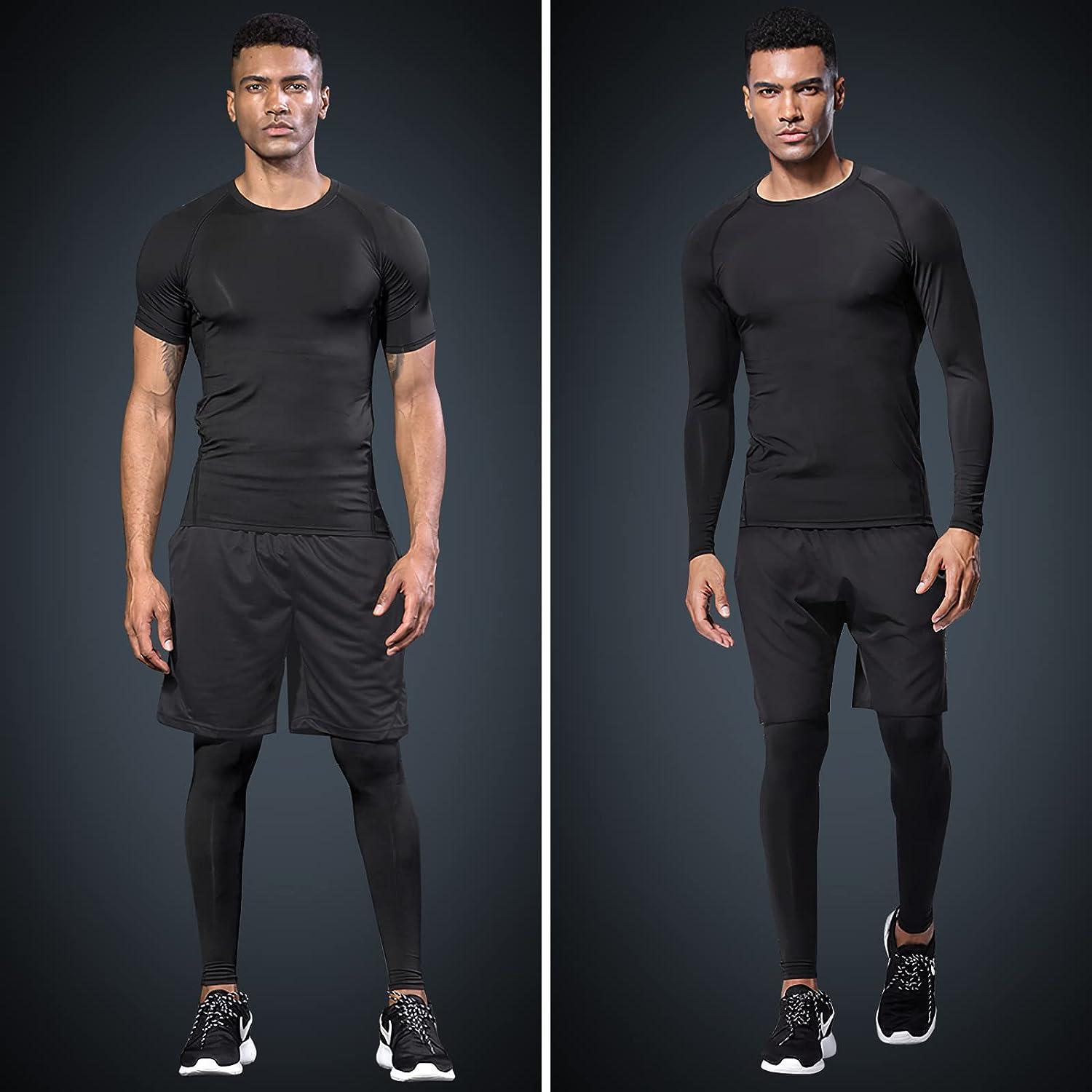 JULY'S SONG Men Compression Workout Set 5 PCS Dry Quick Shirt Pants Shorts  Tights Jacket Clothes for Gym Black Large