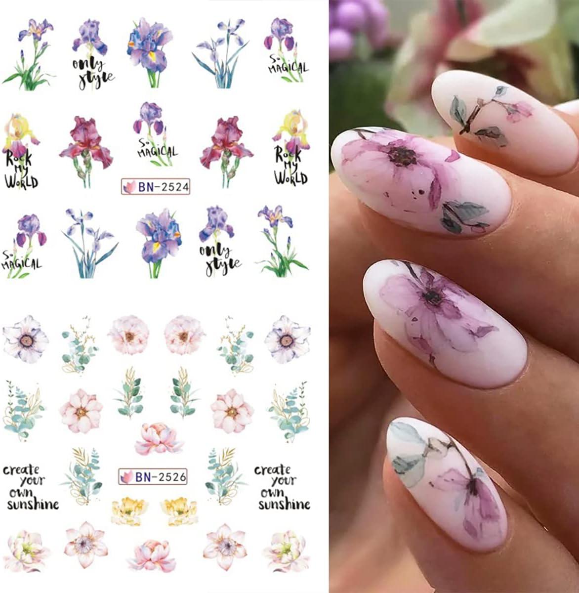 Amazon.com: 12 in 1 Spring Flowers Nail Art Stickers Decals Pink Purple  Rose Tulip Leaves Font Art Nail Decals Self-Adhesive Nail Art Supplies for  Nail DIY Decoration 3D Nail Accessories for Women