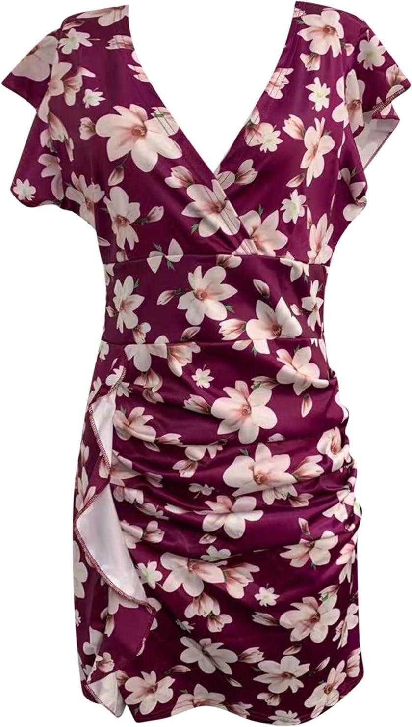 Briskorry V-Neck Floral Party Dress | Elegant Summer Dresses for Women |  Sexy Ruffled Hem & Moored Sleeves | Vintage Style Kneeling Business Dresses  | Buy Now with Express International Delivery | GoSupps.com