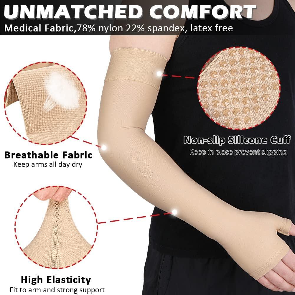 Ailaka Lymphedema Compression Arm Sleeve Single with Gauntlet for Men Women  - 20-30 mmHg Medical Compression Arm Sleeve Full Arm Support Brace For Pain  Relief, Swelling, Edema, Post Surgery Recovery Beige Large (Single)