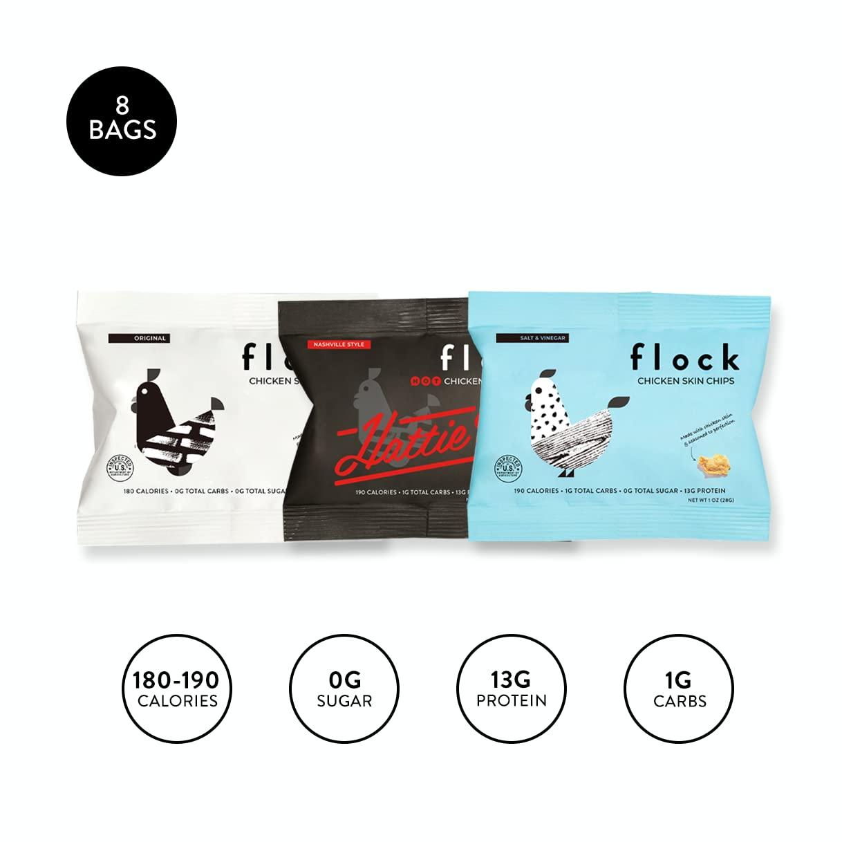 Flock Keto Chicken Skin Chips Variety Pack Original, Salt and Vinegar, Hattie B's Nashville