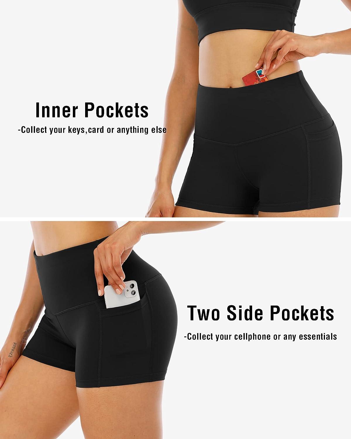 CHRLEISURE Spandex Yoga Shorts with Pockets for Women, High Waisted Workout  Booty Shorts 3in Black Medium
