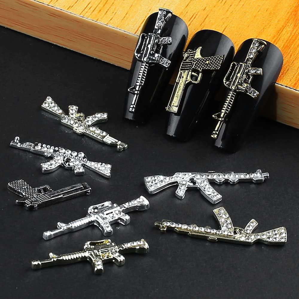 Jaliya Shiny Diamonds Alloy Gun Nail Charms,3D Metal Gun Nail Art Charms AK Weapon Nail Charm Gun Charms for Nails Gold Rifle Guns Nail Jewels for Nail Art