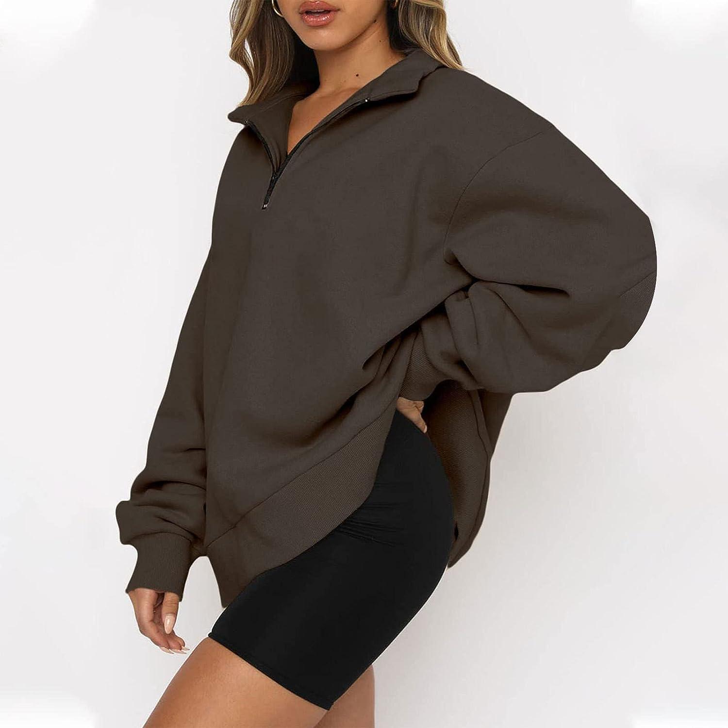 Women's Half Zip Up Sweatshirt Lapel Loose Fit Pullover Sweatshirt Long  Sleeve Casual Drop Shoulder Tops Brown Small