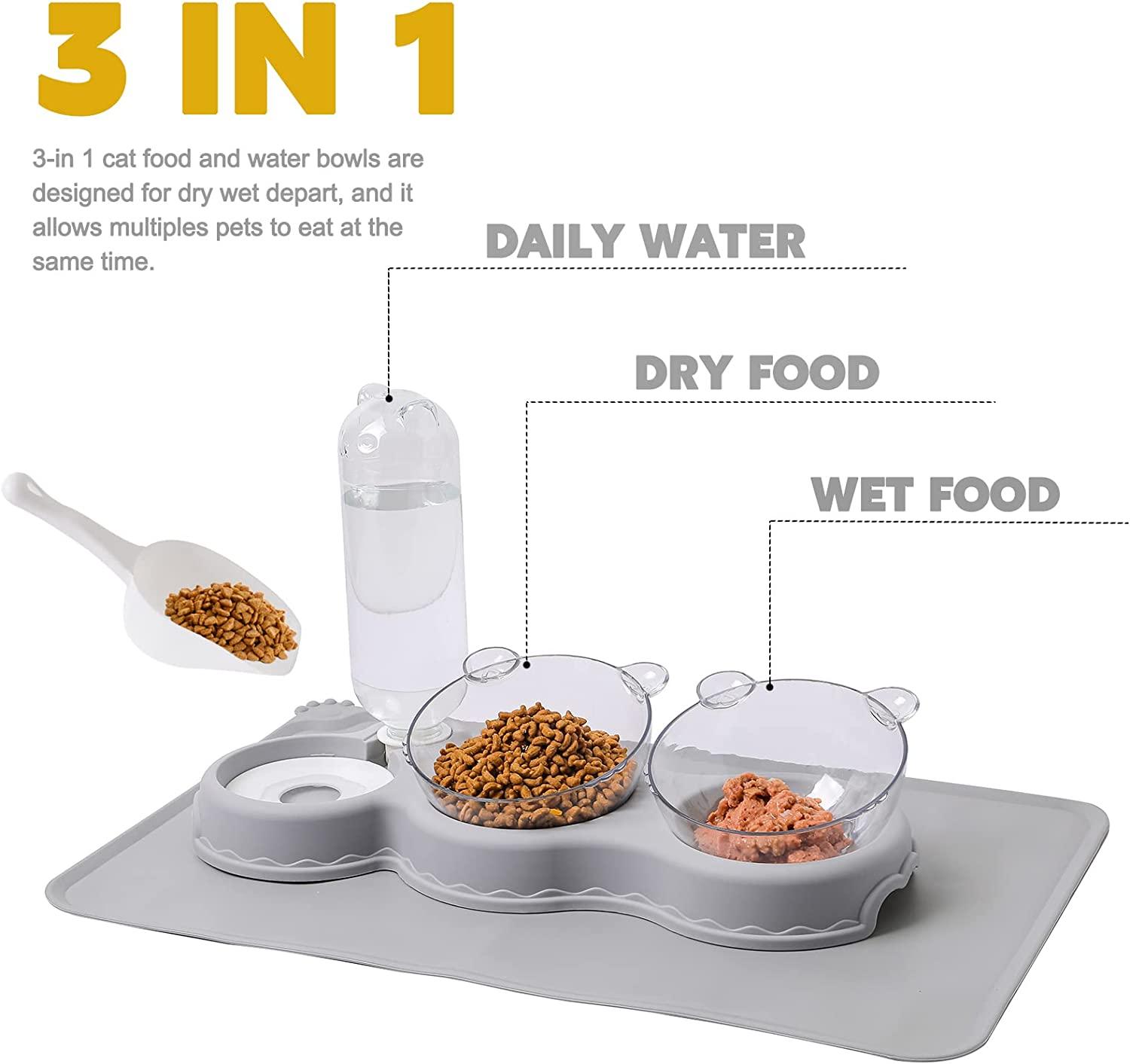 LKSTK Triple Cat Bowl with Waterproof Mat and Scoop, 15Tilted Raised
