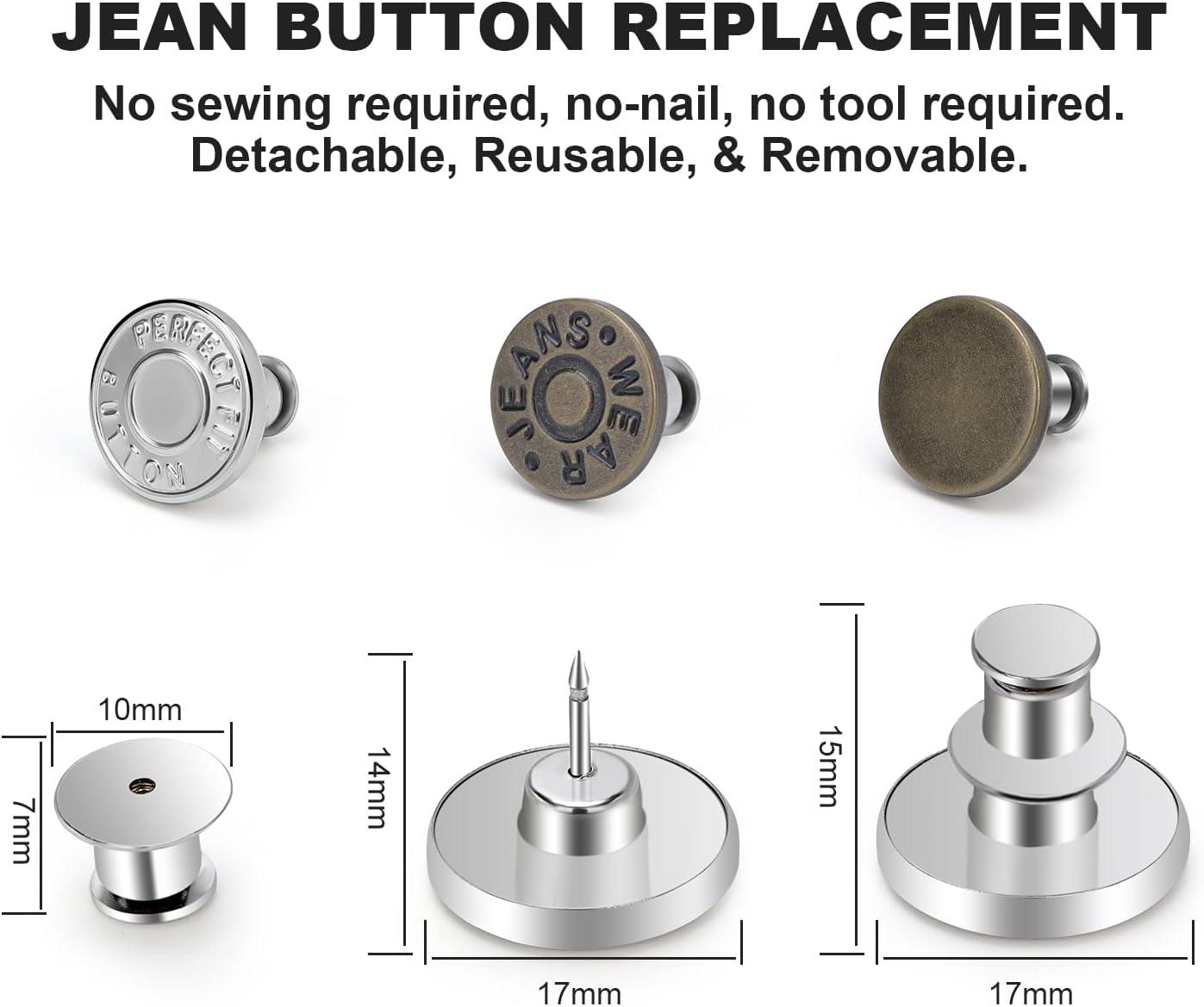 10 Sets Button Pins for Jeans, 17mm No Sew Replacement Jeans