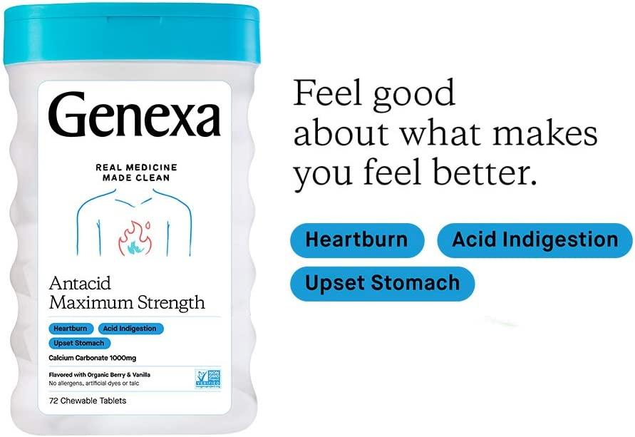 Genexa Antacid Maximum Strength 72 Tablets Calcium Carbonate Acid