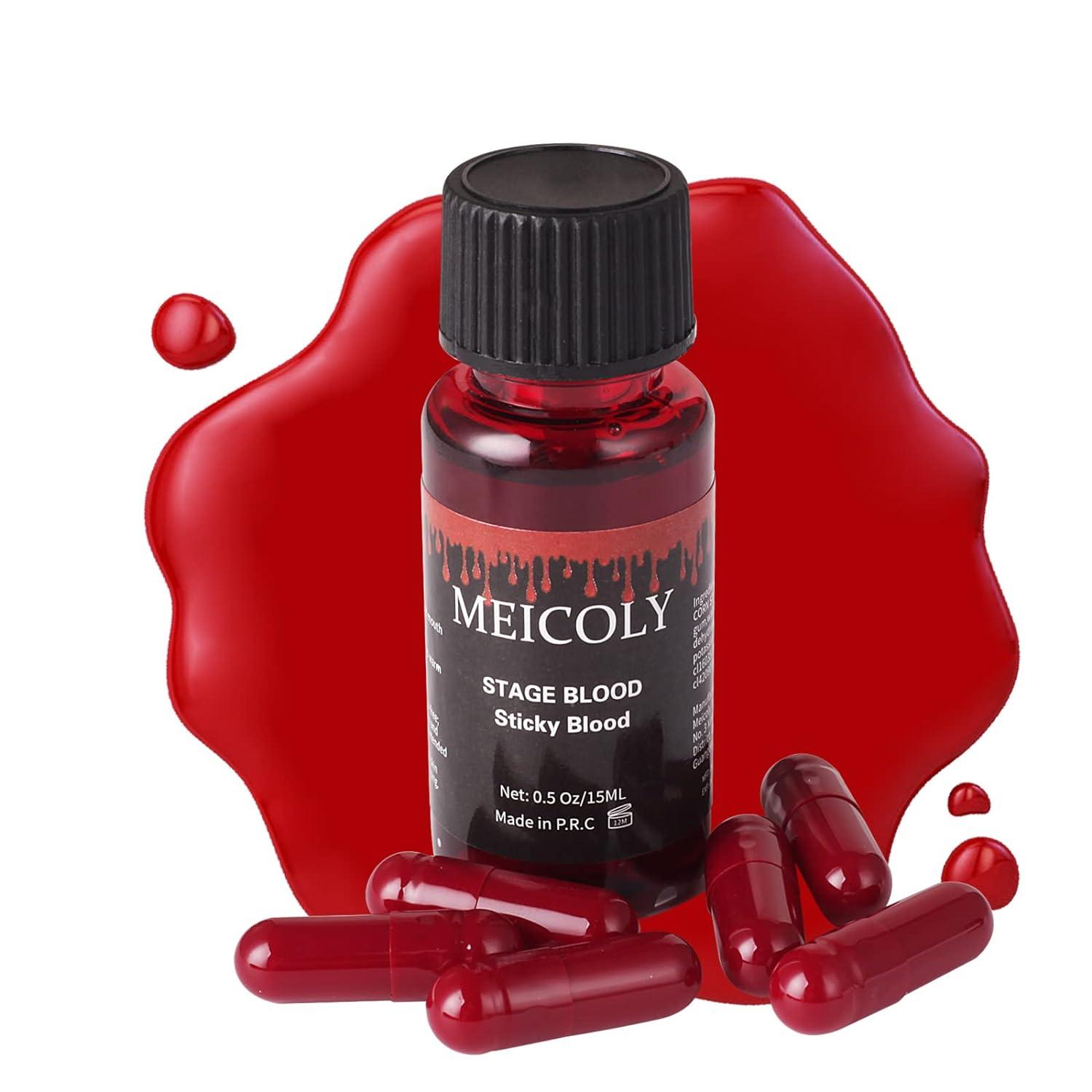 MEICOLY Fake Blood Washable,Edible Stage Blood,0.5 oz Realistic Drips  Sticky Fake Blood with Brush,Safe for  Mouth,Teeth,Nosebleed,Halloween,Cosplay,Scar,Wound SFX Makeup,Special  Effects,Dark 0.5 oz stage blood,dark