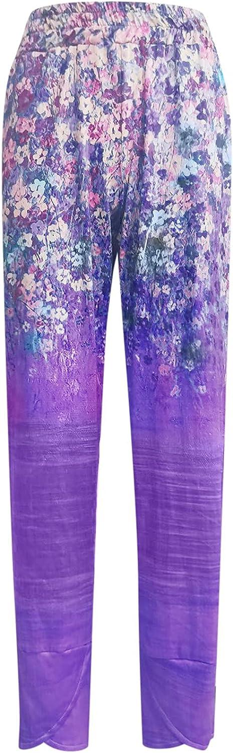 Boho Cropped Pants for Women,Women's Casual Summer Capri Pants Cotton Linen  Print Wide Leg Ankle Pants with Pockets P01-purple X-Large