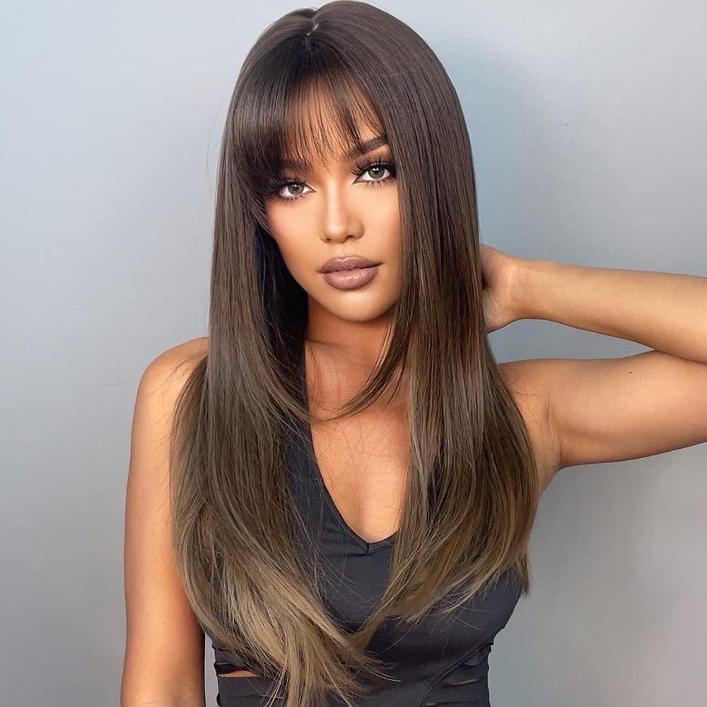 HAIRCUBE Brown Wig with Bangs Long Straight Wigs for Women Side Part  Hairline Heat Resistant Fiber Synthetic Wigs brown-new