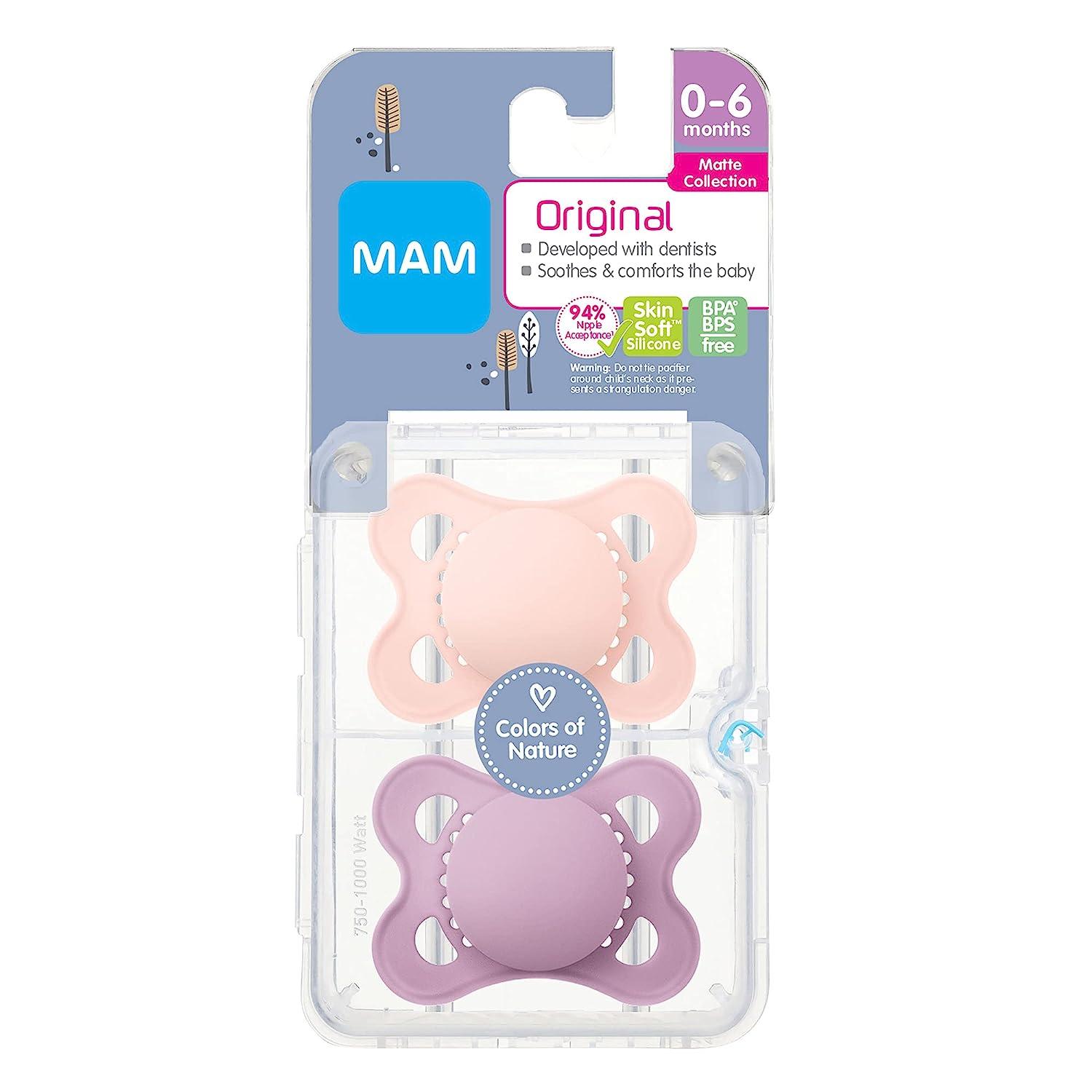 MAM Original Matte Baby Pacifier Nipple Shape Helps Promote Healthy Oral  Development Sterilizer Case 2 Pack 0-6 Months Girl 2 Count (Pack of 1) Girl  1 2 Count (Pack of 1)