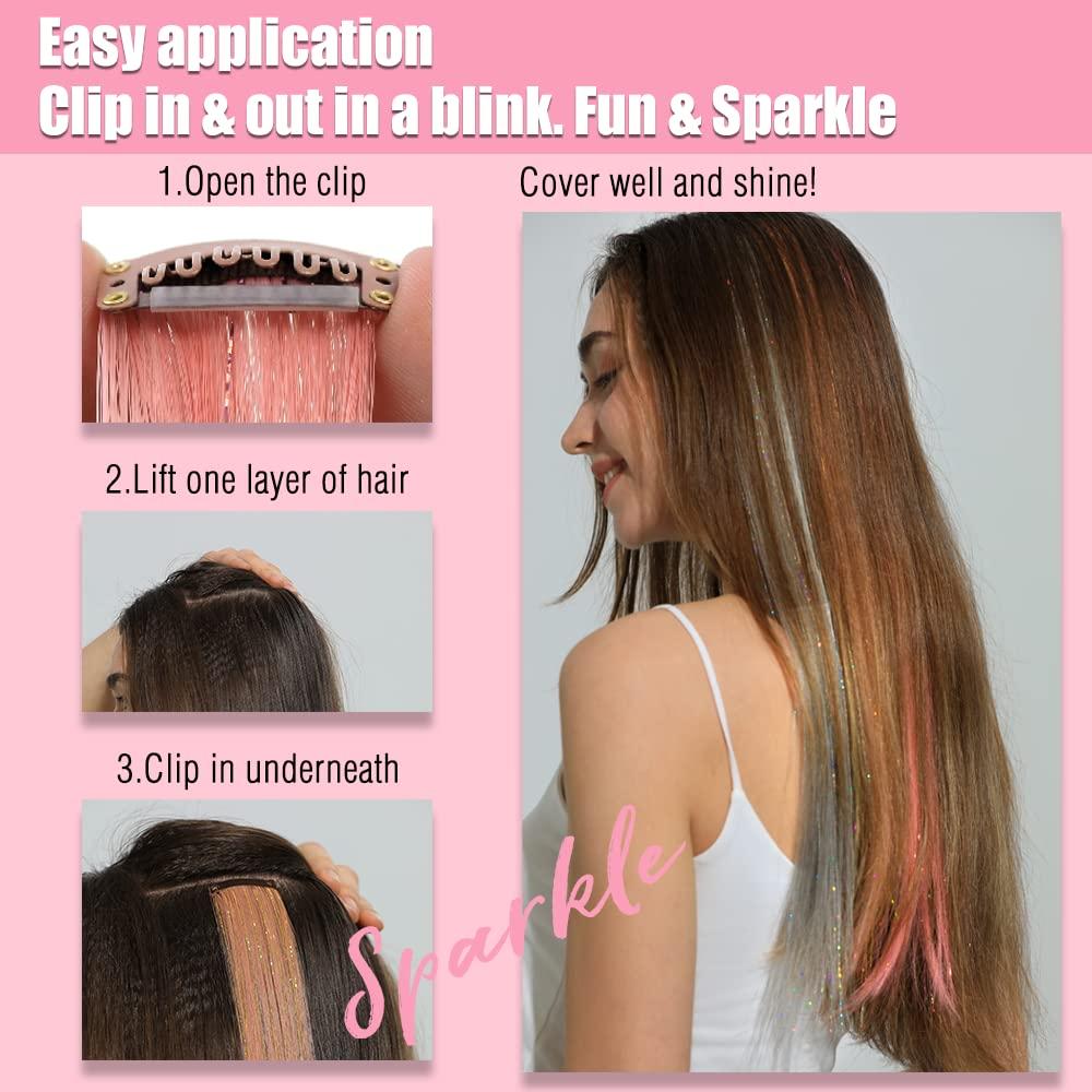 Twinkle Sparkle 6 Pcs Clip in Colored Hair Extensions with Glitter Tinsel  Highlights 22 Long Colorful Hair Extensions Clips for Women Girls Kids  Straight Synthetic Hairpiece Festival Gift Hair Accessories (Pink Macaron