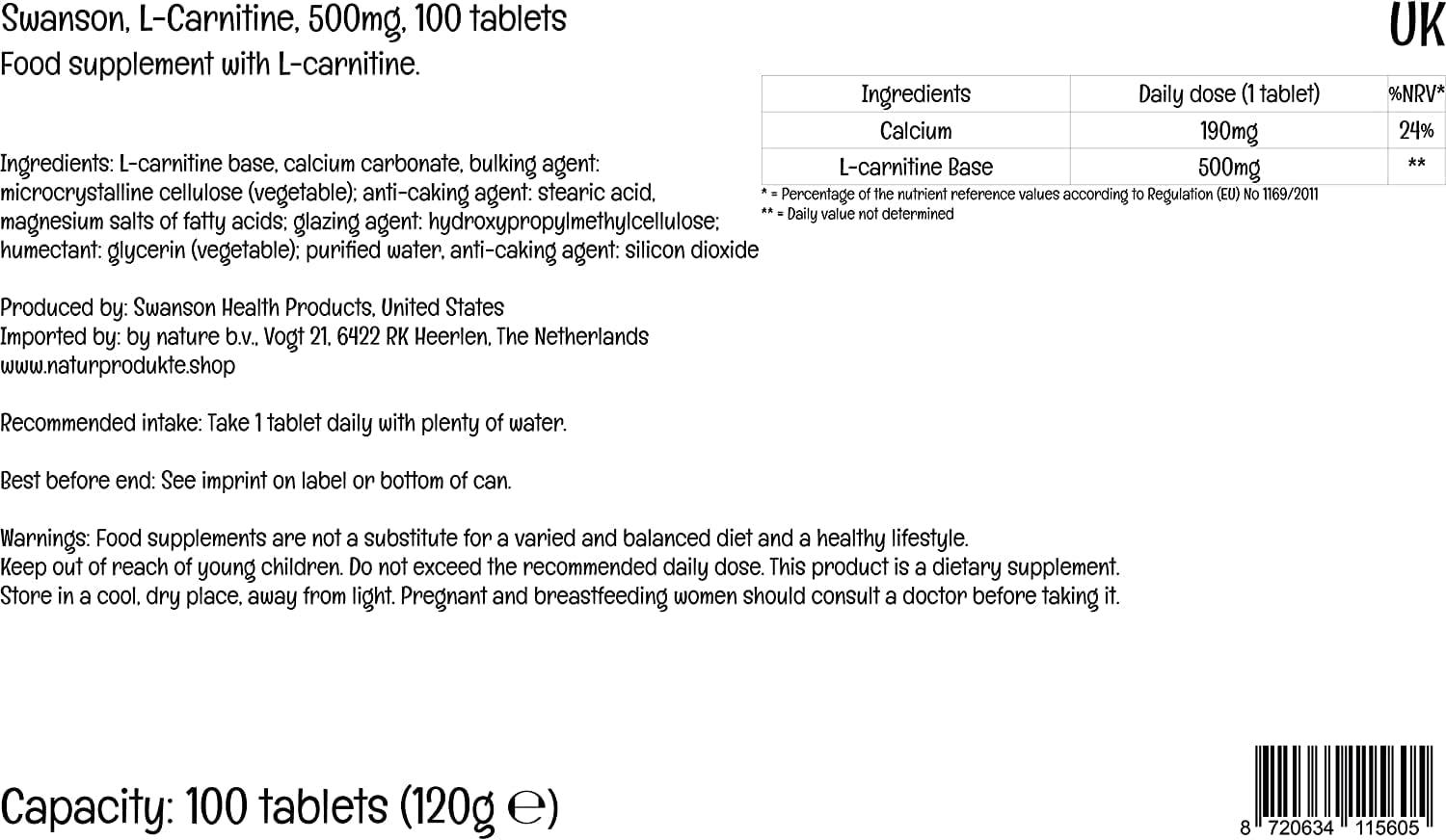 Swanson L-Carnitine 500mg 100 Vegan Tablets - High-Dose Lab-Tested  Vegetarian Formula | Buy Now with Express International Delivery