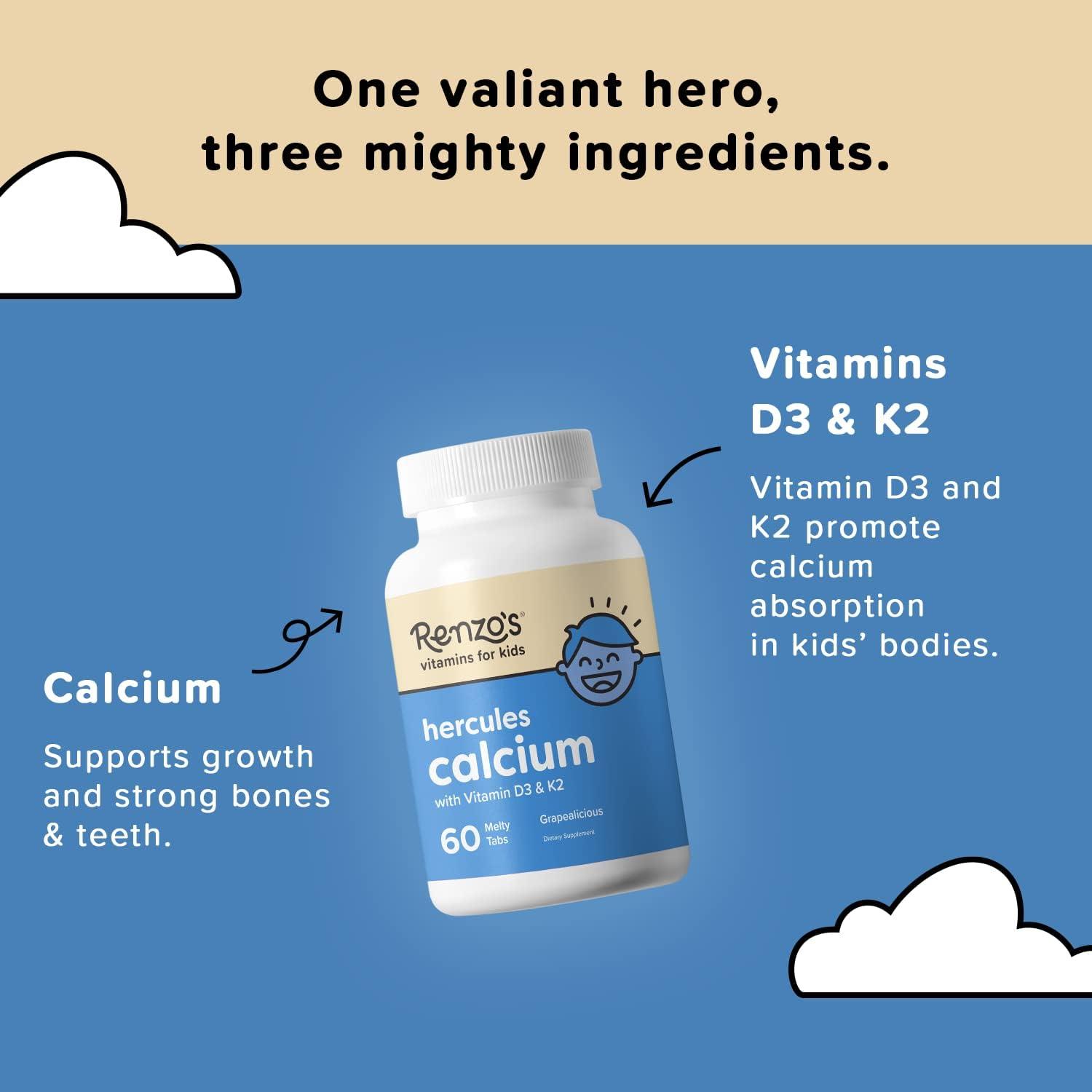 Renzo's Hercules Calcium Supplement with Vitamin D3 & K2 Dissolving