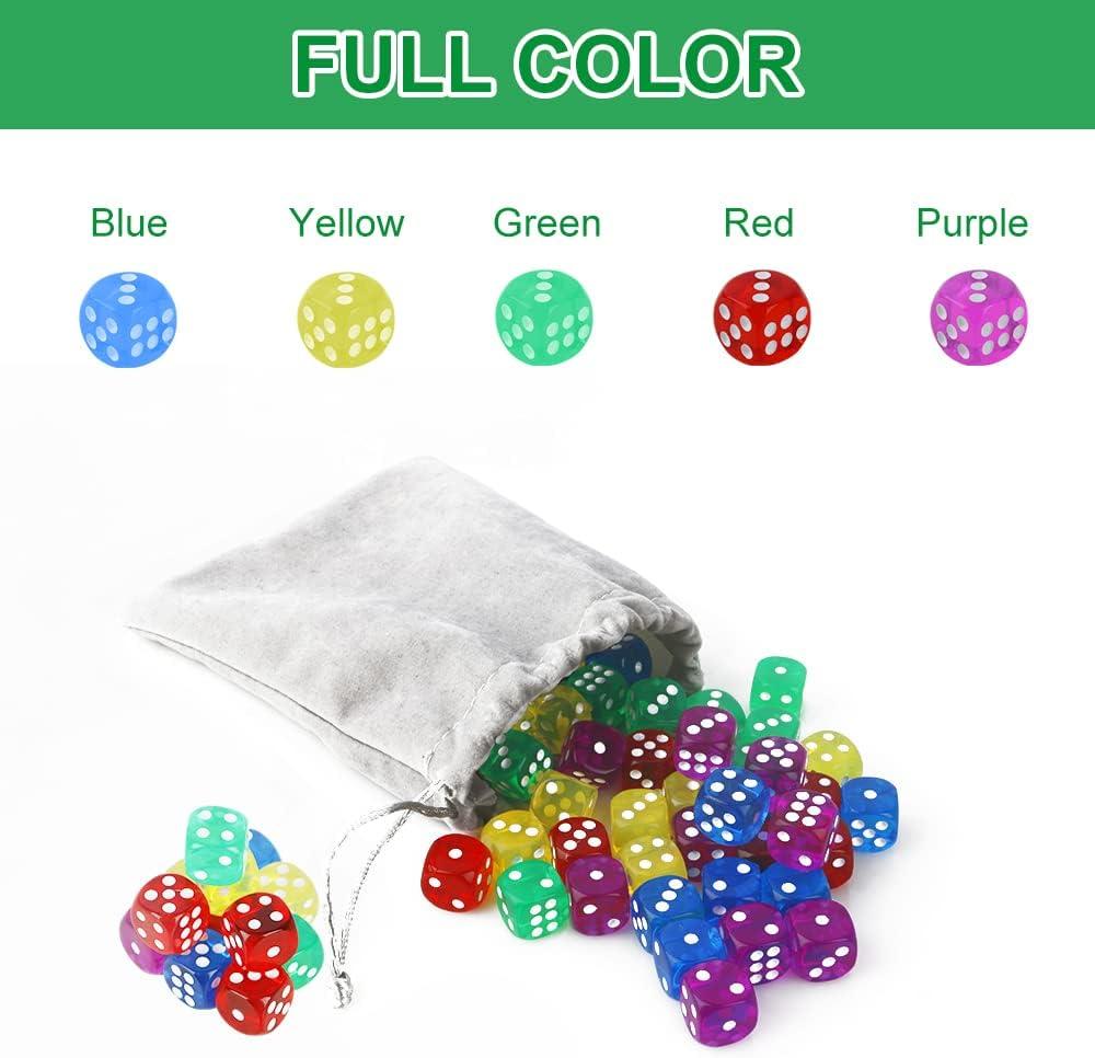 50 Pieces 6 Sided Dice Set, 14MM Premium Translucent Rounded Corners Colored Bulk Dice for
