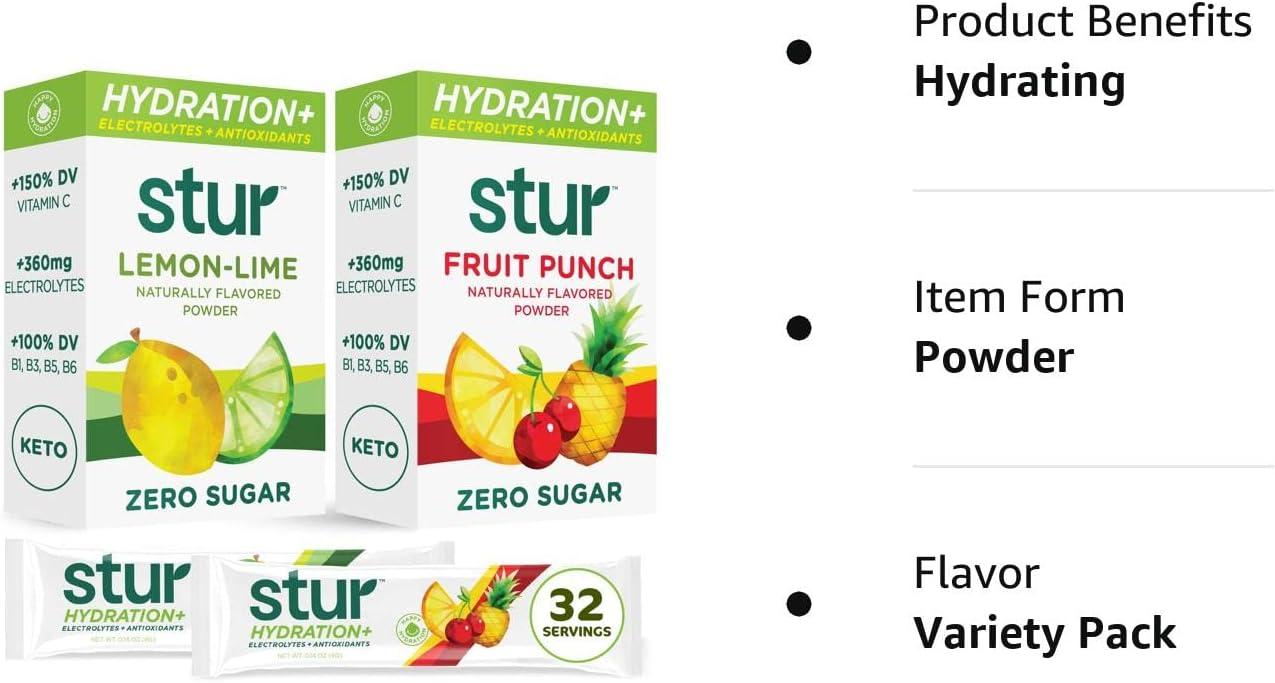 Stur Electrolyte Hydration Powder, Variety Pack, High Antioxidants & B  Vitamins, Sugar Free, Non-GMO, Daily Hydration & Workout Recovery, Keto, Paleo