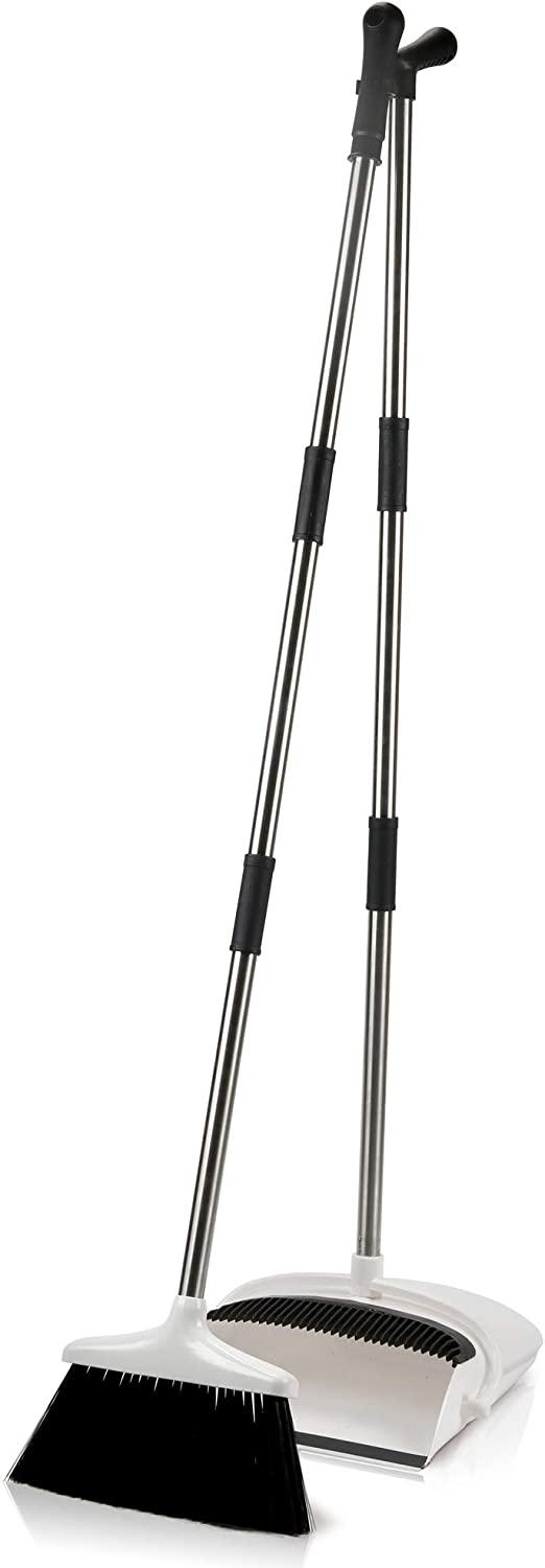 Broom and Dustpan Set - Premium Long Handled Broom Dustpan Combo - Upright Standing Lobby Broom and Dust Pan Brush w/ Handle - Great Edge