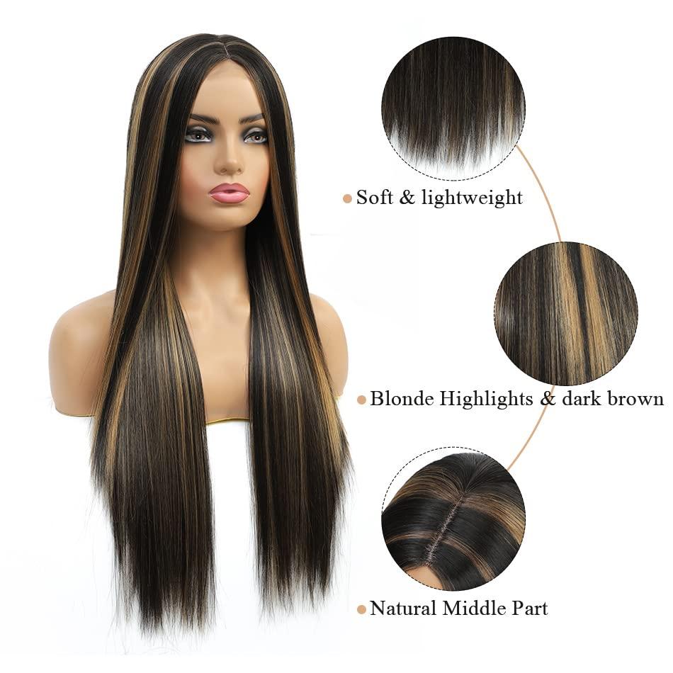 SHINYSHOW Long Straight Highlight Wig 26 Inch Brown Mixed Blonde wig Middle  Part Synthetic Wigs for Women Heat Resistant Fiber Natural Looking Hair for  Daily Cosplay Party (Brown Highlight Blonde Wig)