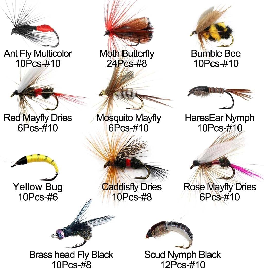 Fly Fishing Flies Kit, 50/114Pcs Handmade Fly Fishing Gear with Dry/Wet  Flies, Streamers, Fly Assortment Trout Bass Fishing with Fly Box 114pcs/Set--11  Mixed Styles