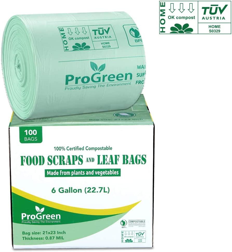 ProGreen 100 Compostable Bags 6 Gallon, Extra Thick 0.87 Mil, 100