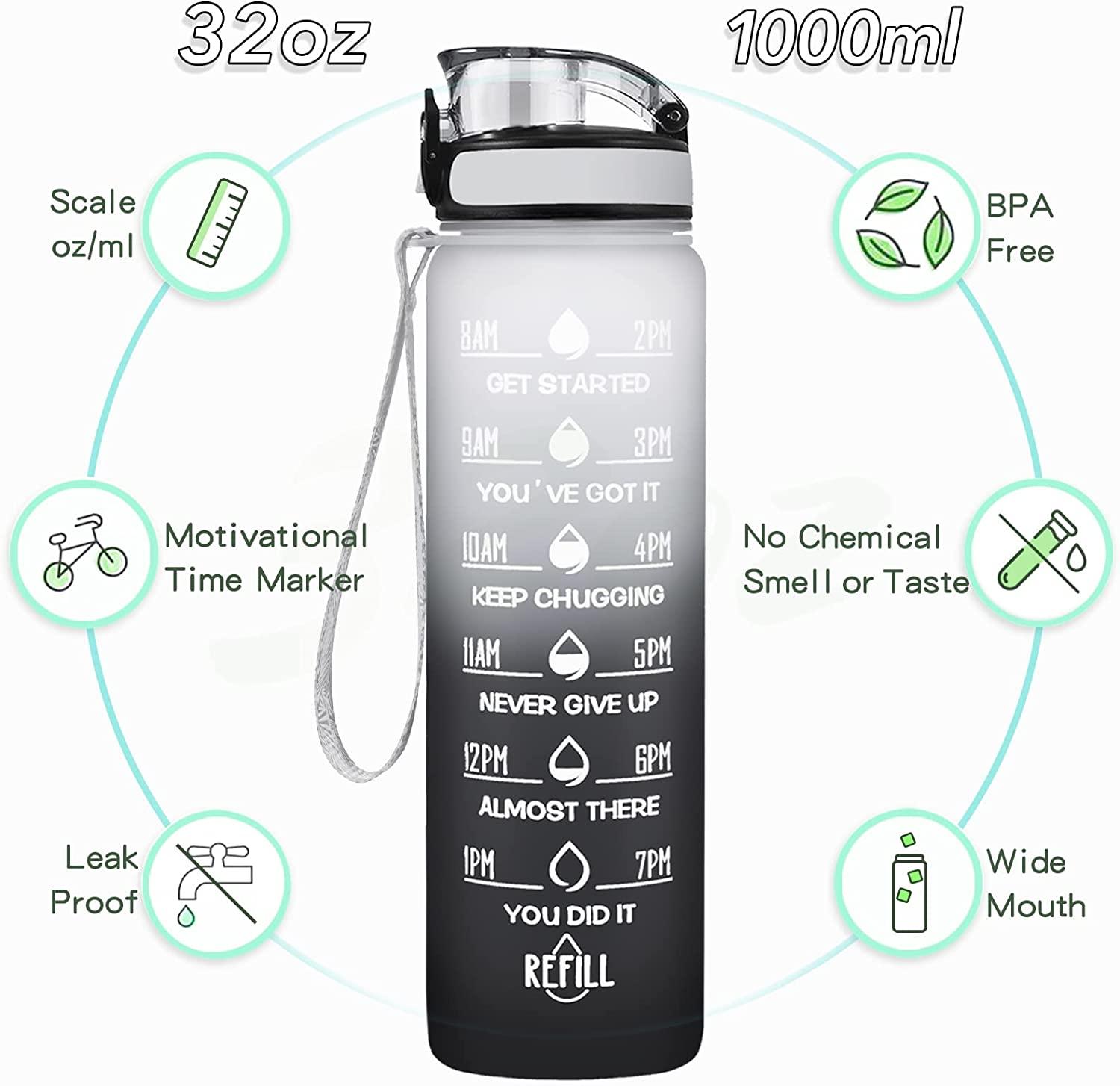 32 oz Sports Water Bottle with Straw Motivational Time Marker Leakproof BPA Free, Blue