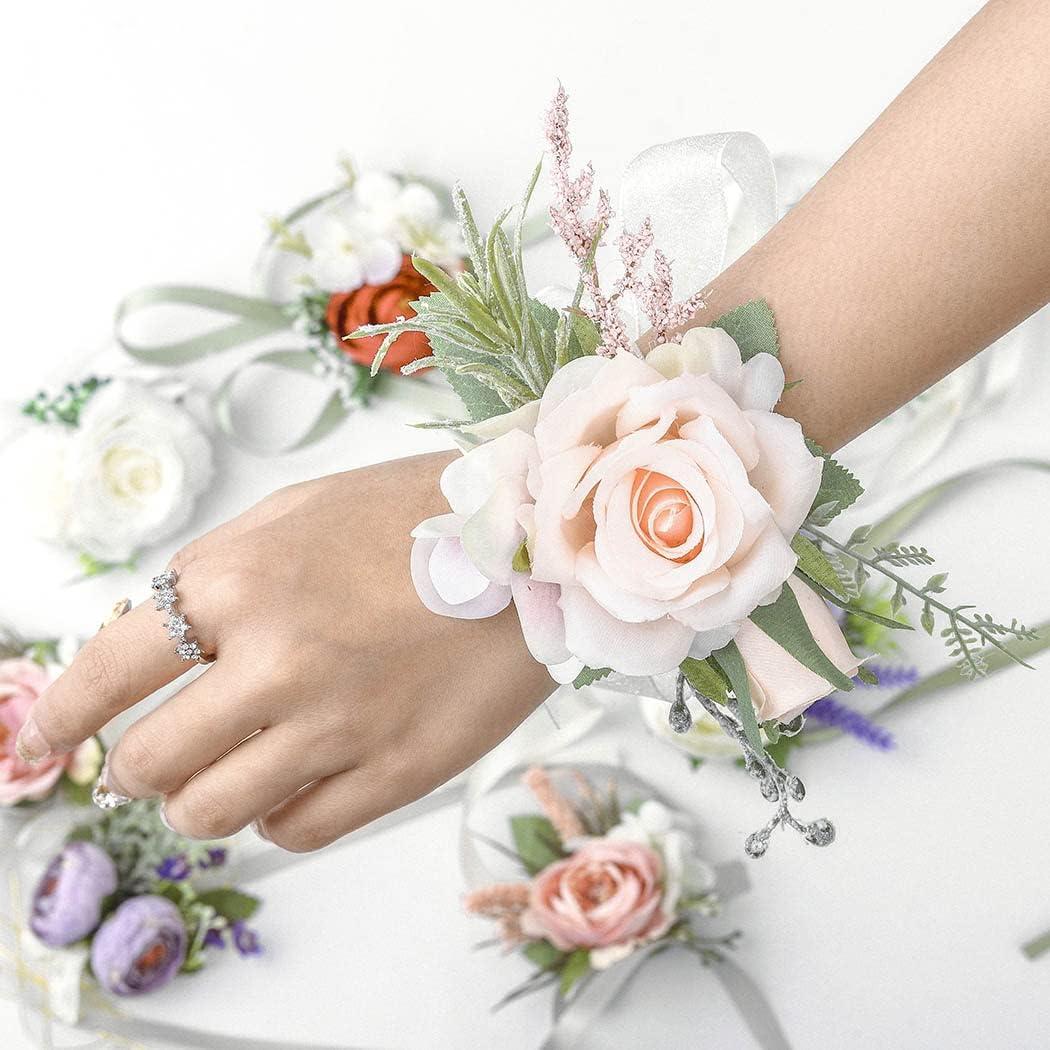 CASDRE Bride Wedding Wrist Corsage Bridal Hand Flower with Ribbon Corsage  Wristlet Wedding Accessories for Women and Girls (Pink)