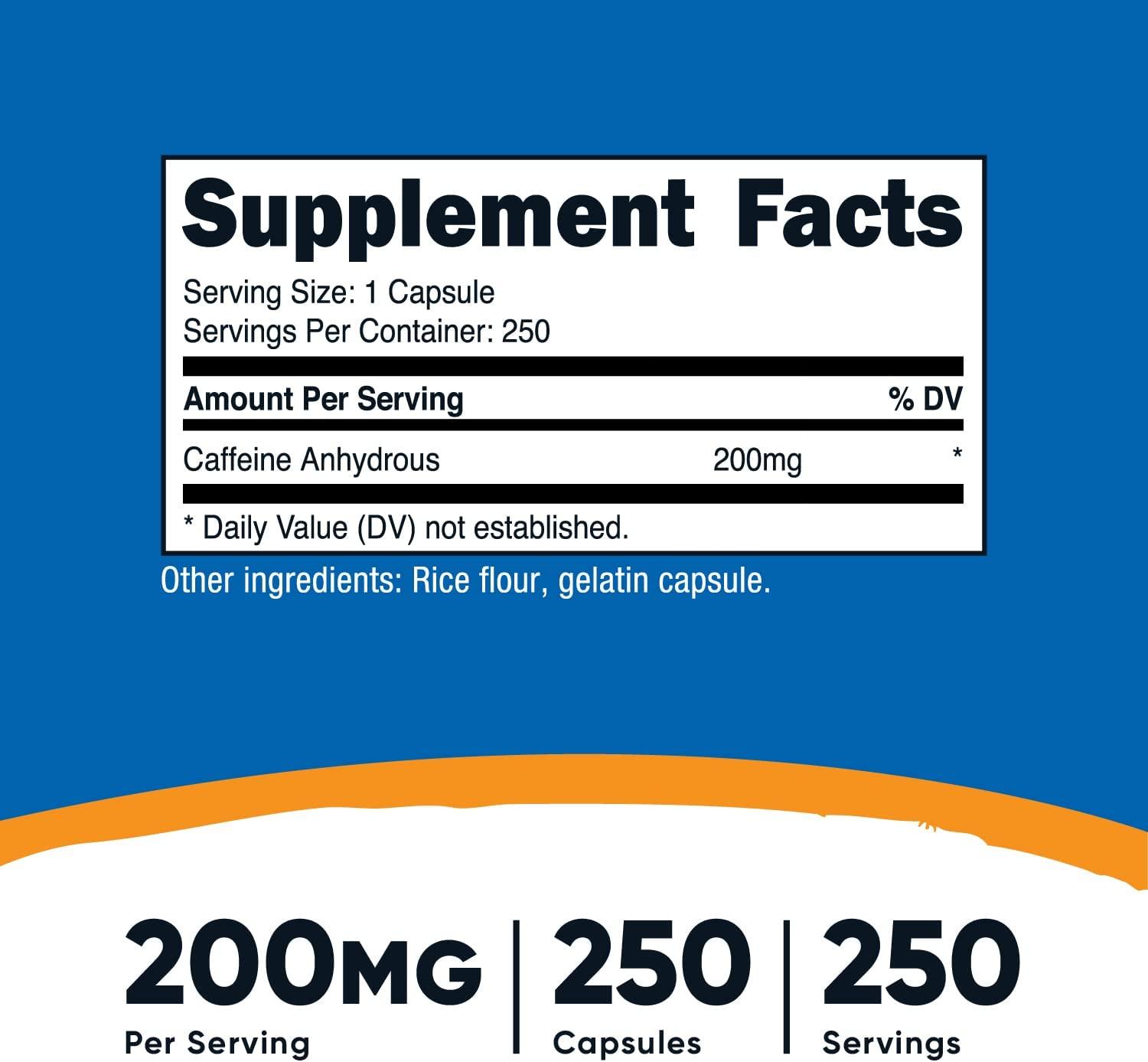 Nutricost Caffeine Pills 200mg 250 Capsules Pack of 1
