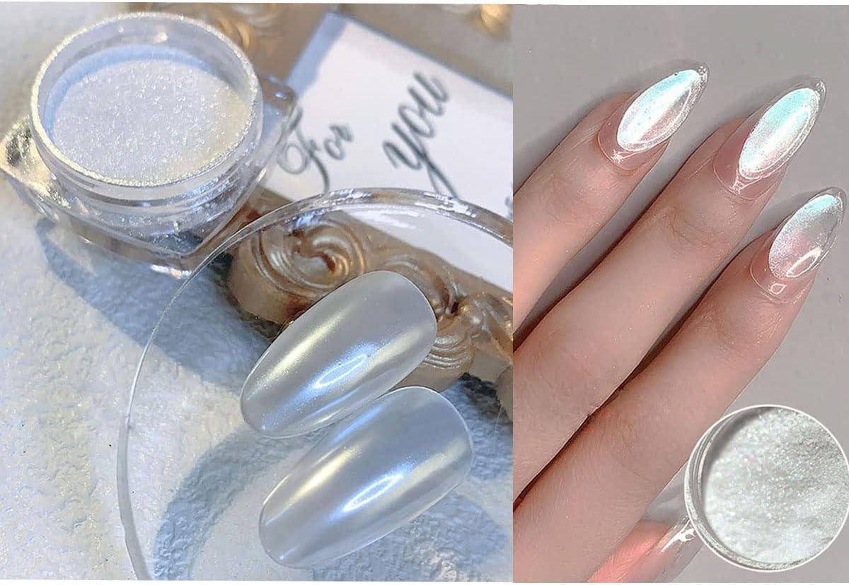 3 Boxes Magic White Pearl Nail Powder, Lorvain Pearlescent White Chrome  Nail Pigment, High Gloss Nail Art Glitters Holographic Ice Aurora Moonlight  Manicure Pig…