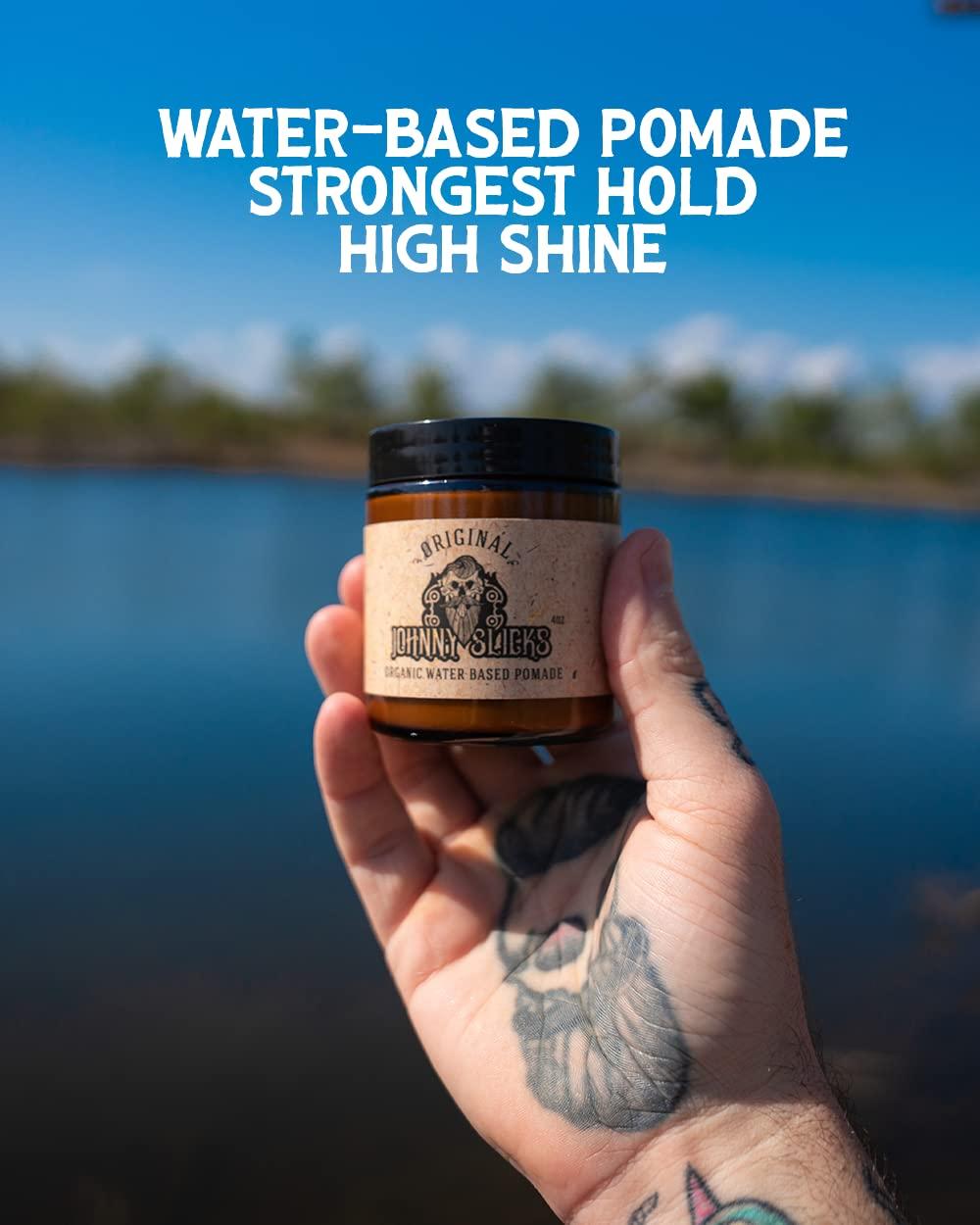 Johnny Slicks Rugged Water Based Hair Pomade - Strong Hold Organic Styling  Pomade for Men - Promotes Healthy Hair Growth & Helps Hydrate Dry Skin -  Grooming & Personal Care Products - (4 Ounce)