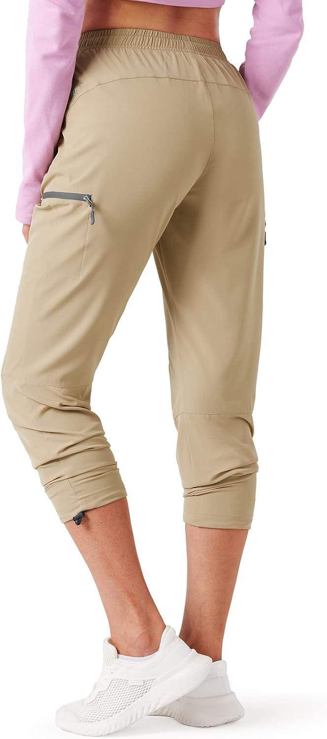 Women's Hiking Cargo Pants Outdoor Lightweight Quick Dry Water Resistant  UPF 50+ Capris Pants with Zipper Pockets Medium Khaki