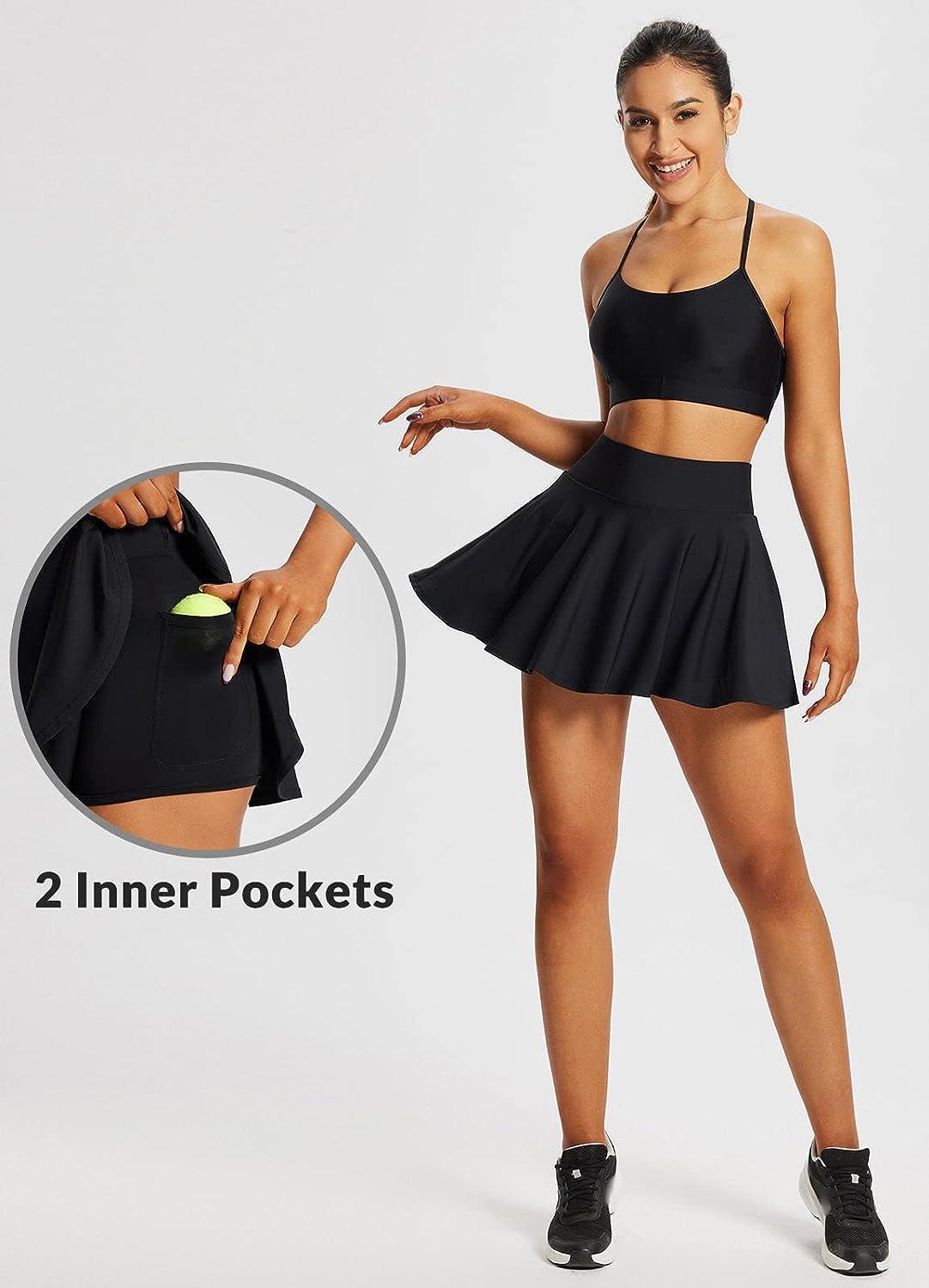 BALEAF Women's High Waisted Tennis Skirts Tummy Control Pleated Golf Skorts  Skirts for Women with Shorts Pockets Black Large