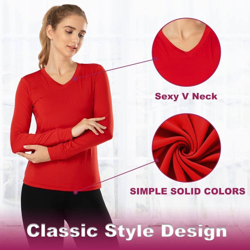 Subuteay Thermal Tops Fleece Lining Long Sleeve Thermal Shirt Womens Ultra  Warm Thermal Underwear for Women Cold Weather V Neck - Red Small