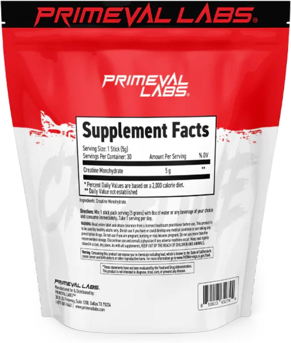 Primeval Labs Creatine Monohydrate Stick Packs Easy Open Packets Muscle Recovery + Builder