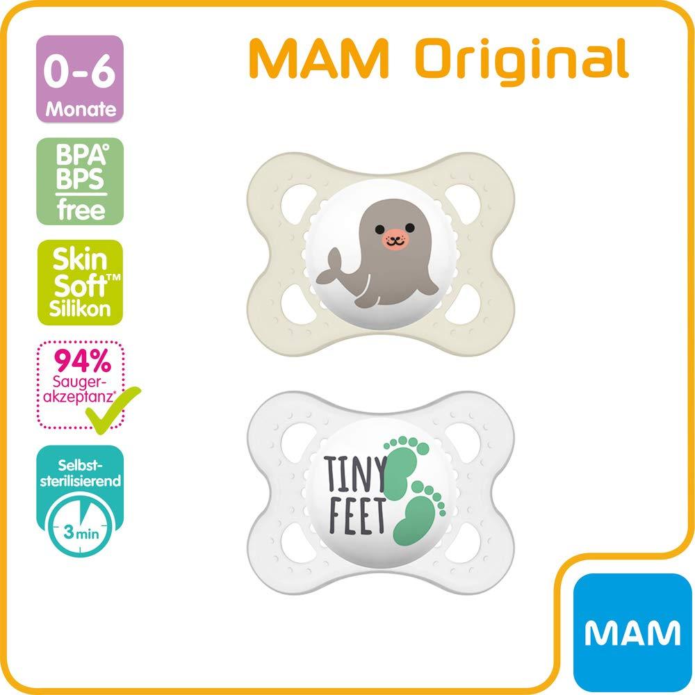 MAM Skin Soft, ciuccio in silicone 0-6 neutro, set da 2 pezzi, con scatola per il trasporto sterilizzata, con sonaglio e anello per le formiche con porta ciuccio
