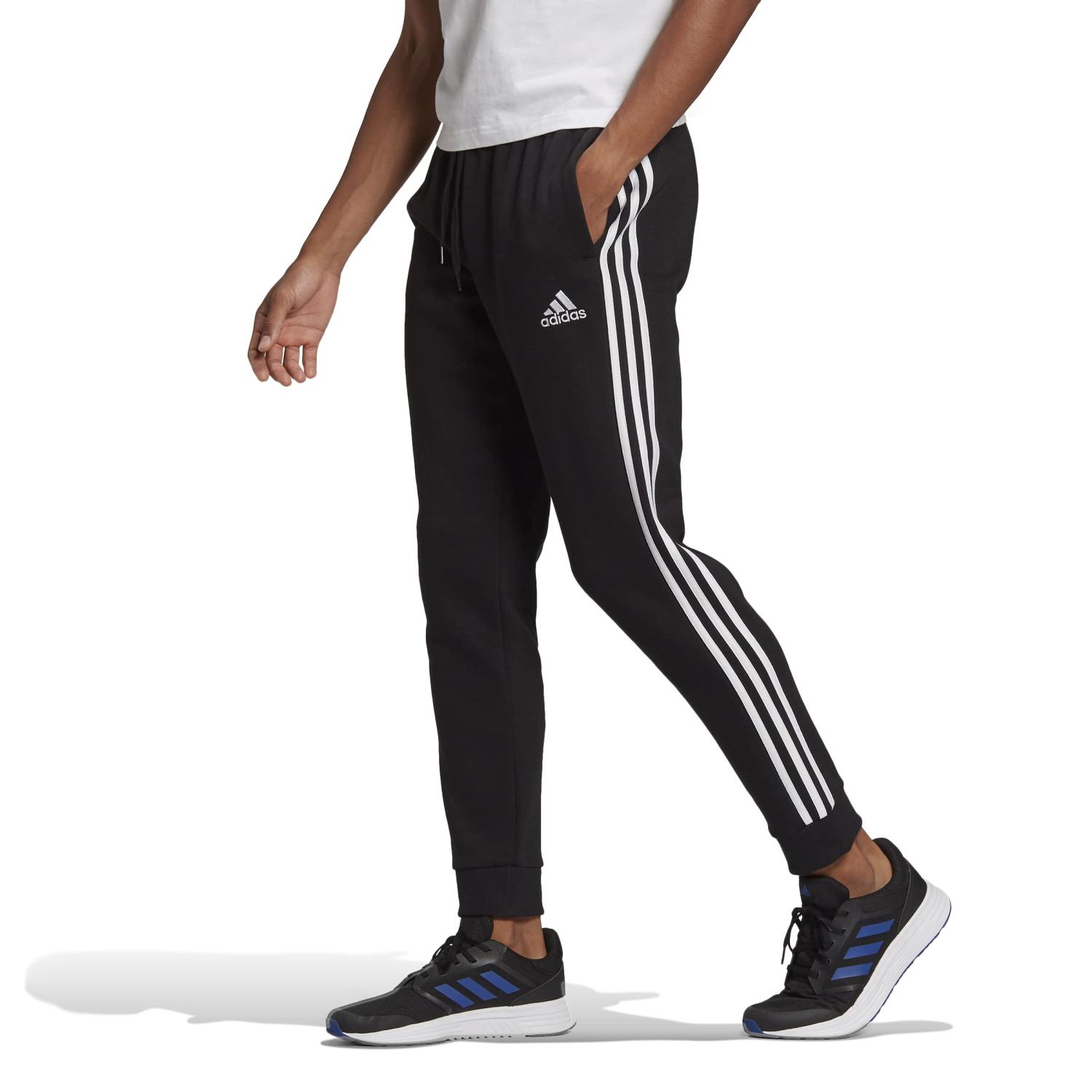 adidas Men's Essentials Fleece Tapered Cuff 3-Stripes Pants Medium  Black/White