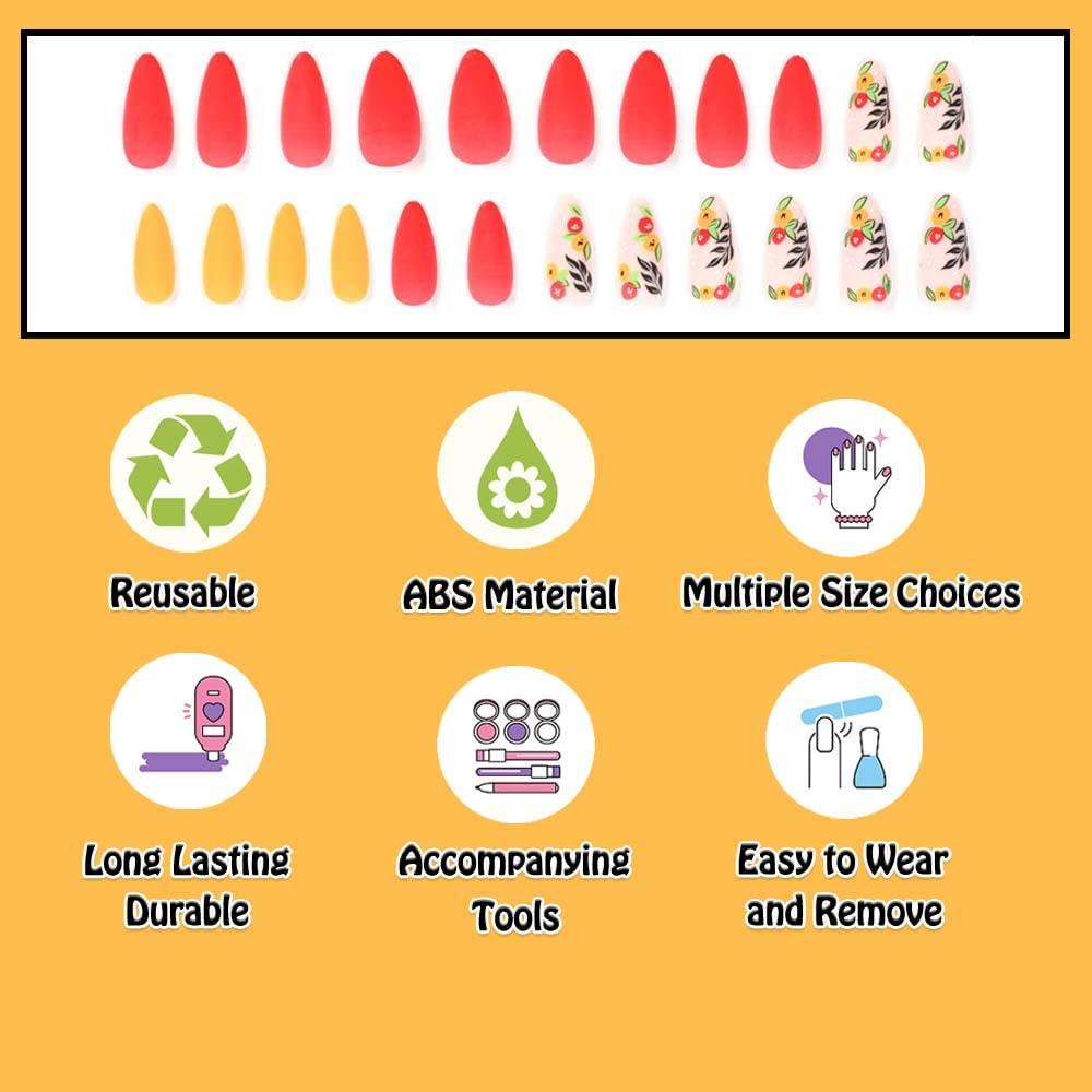 Andging Flower Almond Press on Nails 24Pcs Stiletto & Colorful Fruit
