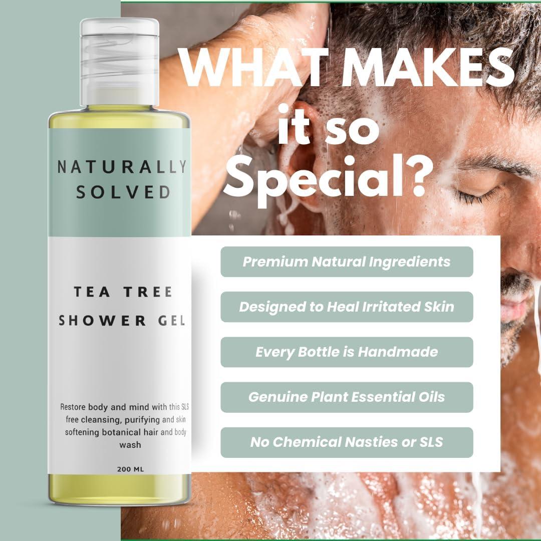 Tea Tree shower Gel (200ml) by Naturally Solved. Anti Fungal Shower Gel