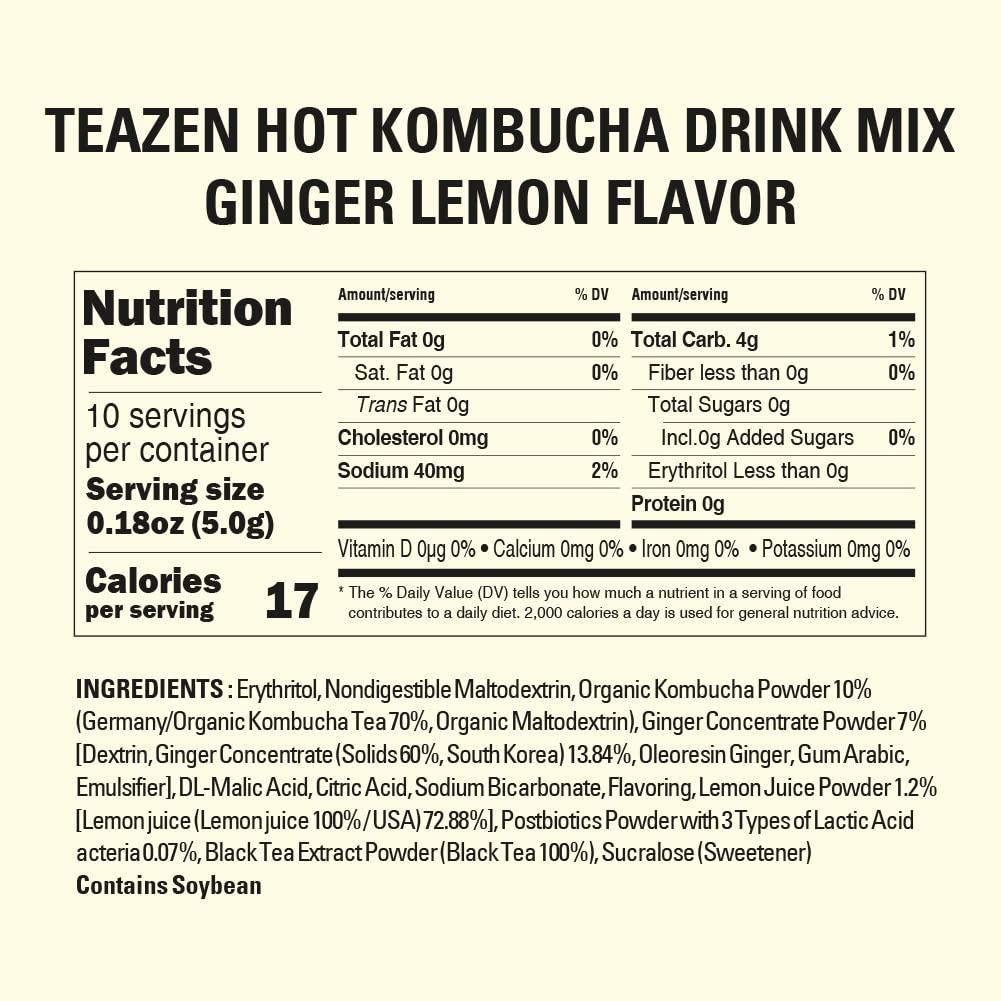 TEAZEN Lemon Ginger Hot Kombucha Tea Live Probiotics & Postbiotics