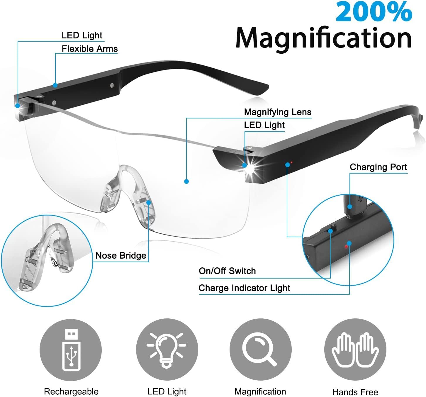 SKYWAY Magnifying Glasses with Light, 200% LED Lighted Rechargeable  Magnifier Eyeglasses for Reading Hobbies and Close Work Hands Free Black200