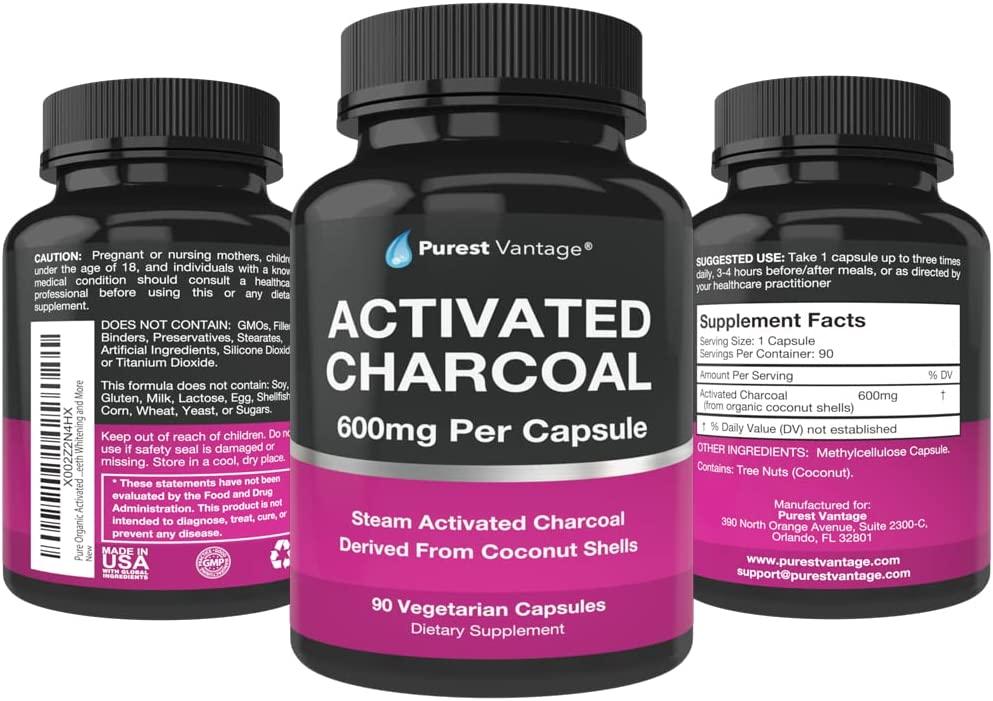 Pure Organic Activated Charcoal Capsules 600mg per Capsule, 90 Veggie