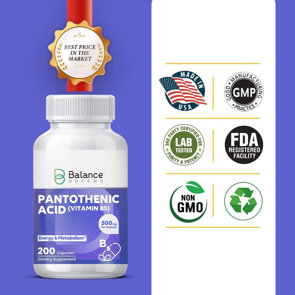 Pantothenic Acid 500 mg Vitamin B5 Supplement 200 Capsules