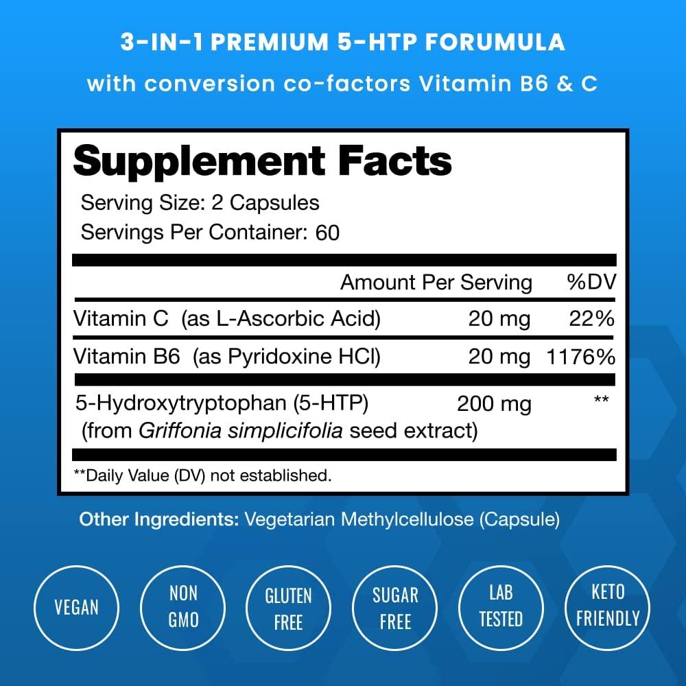 5HTP Supplement 200mg 120 Vegan Capsules Natural Support for Brain