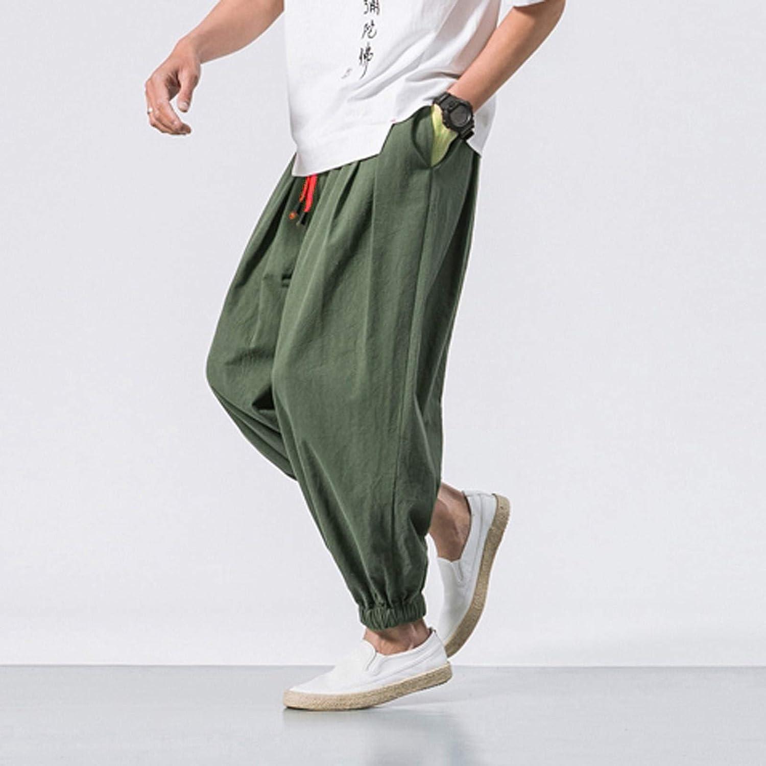 Pants for Men Drawstring Men's Fashion Casual Solid Color Loose Plus Size  Pants Wide Leg Elasticated Pants Large Army Green